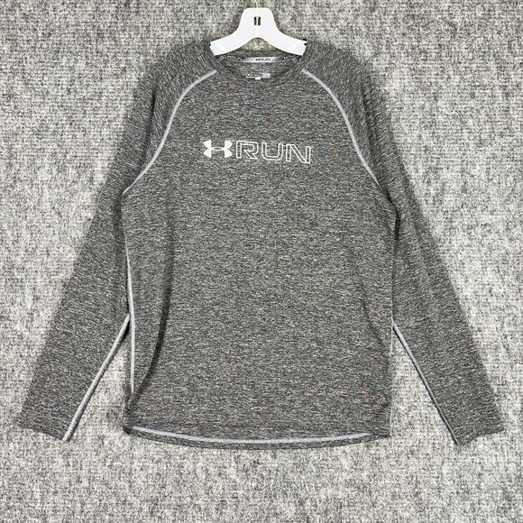 Under Armour‎ Mens Run Shirt L Gray Heatgear Fitted Gym Workout Training Running - Picture 1 of 6